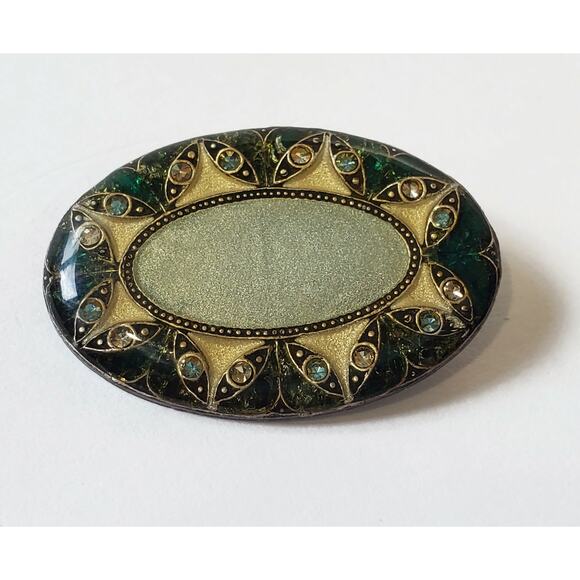 Vintage Catherine Popesco Green Cream Enamel & Crystal Brooch Pin - Picture 3 of 5